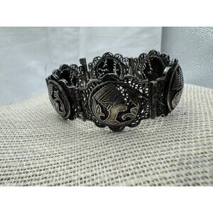 Vintage Egyptian Revival 1920’s Art Deco Silver Nefertiti Spynx Bracelet